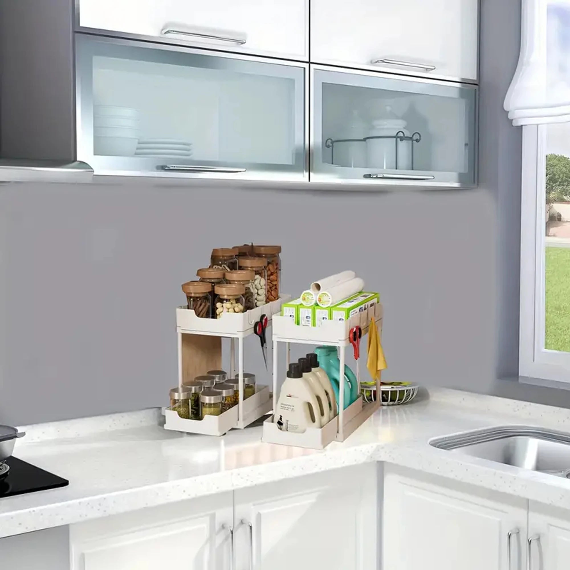 New 2 Tier Under Sink Organizer, Pull Out Sliding Rack, Multi-Function Shelf for Kitchen Bathroom,Space Saving Cabinet Organizer