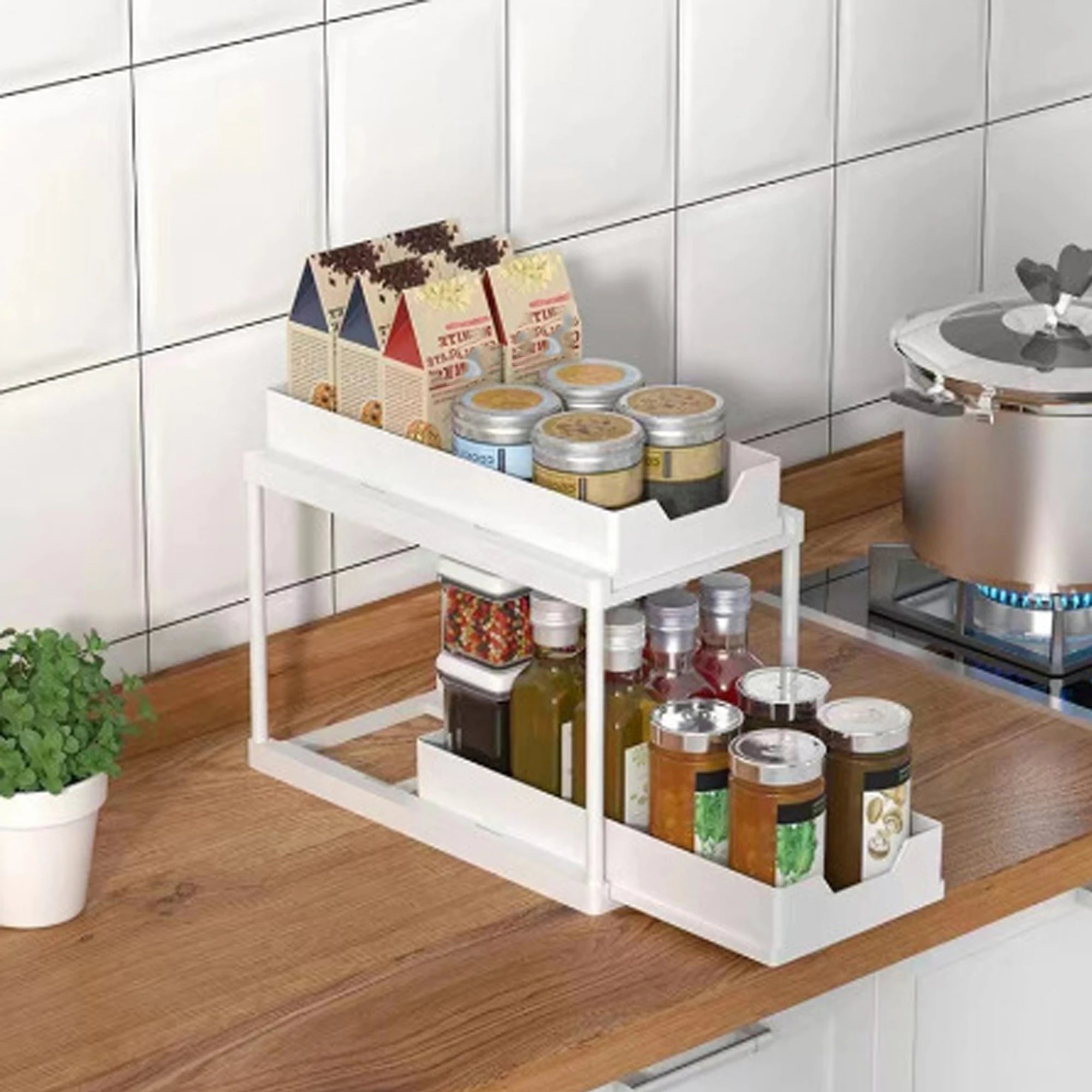 New 2 Tier Under Sink Organizer, Pull Out Sliding Rack, Multi-Function Shelf for Kitchen Bathroom,Space Saving Cabinet Organizer